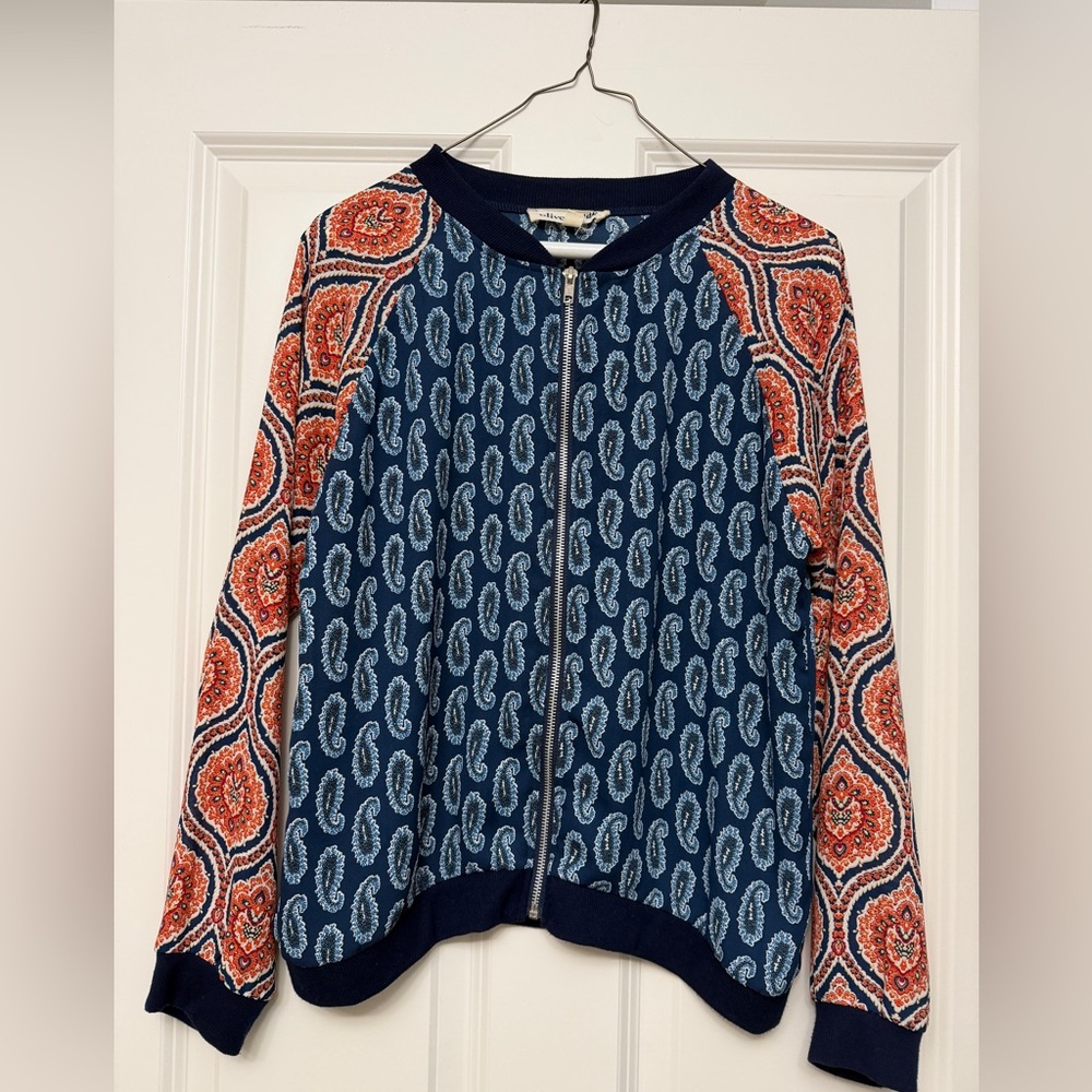 Olive & Oak Blue and Orange Patterned Bomber Jacket